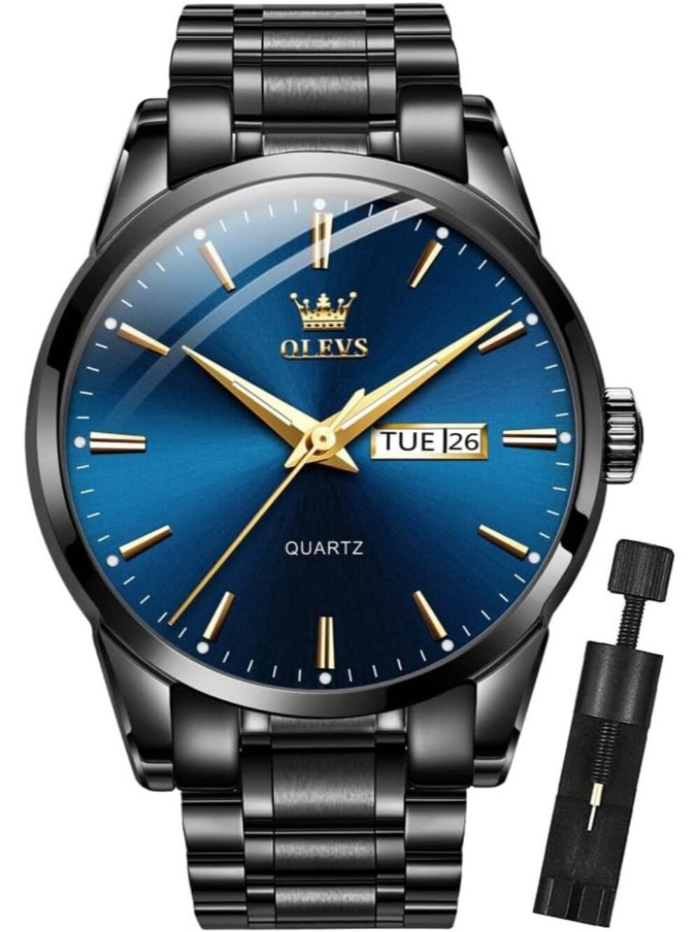 Men's Black Blue Analog Quartz Stainless Steel Luxury Luminous Waterproof Watch